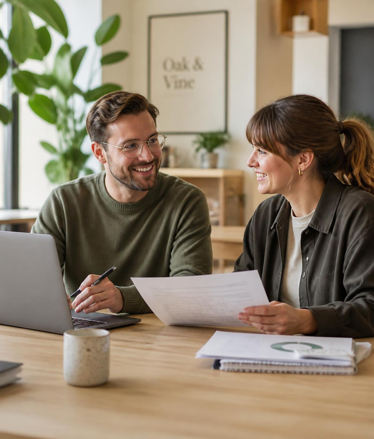 An accountant and a small-business owner reviewing financial documents together at a table