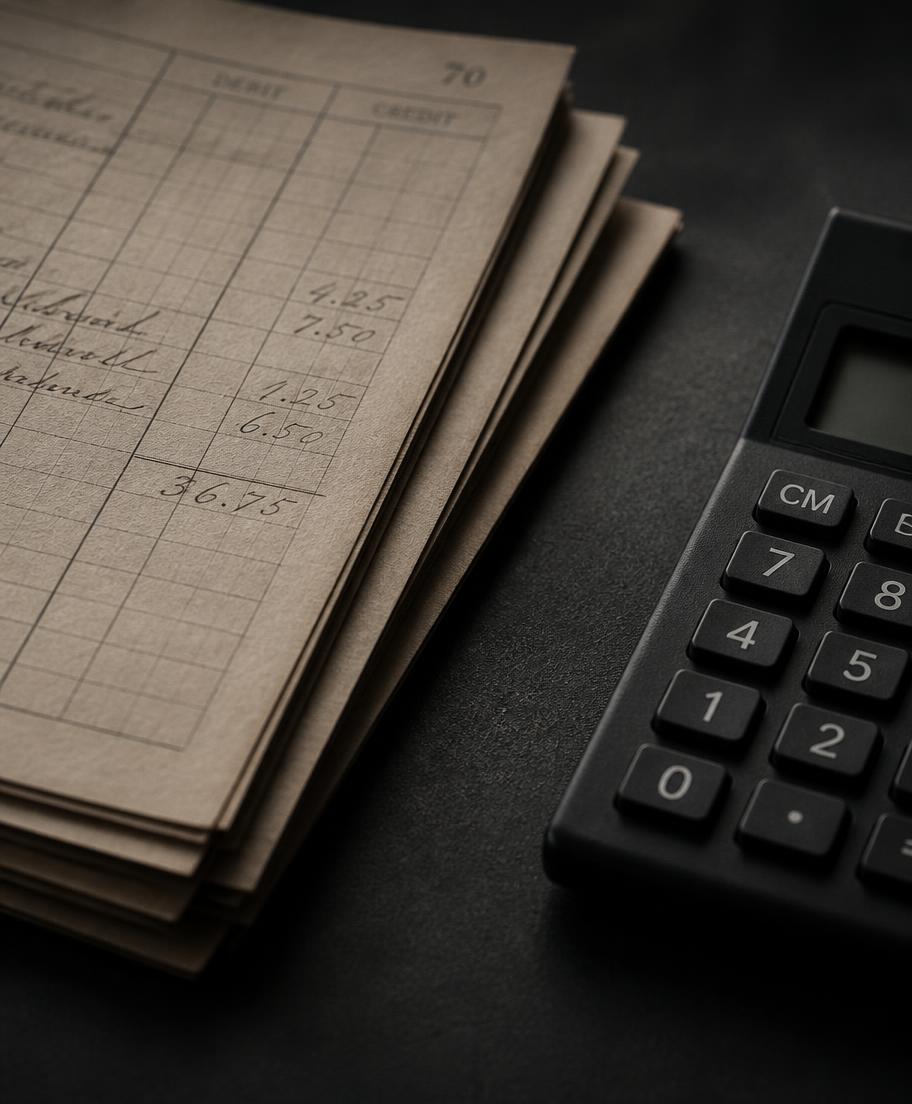 Ledger pages resting beside a calculator on a dark surface