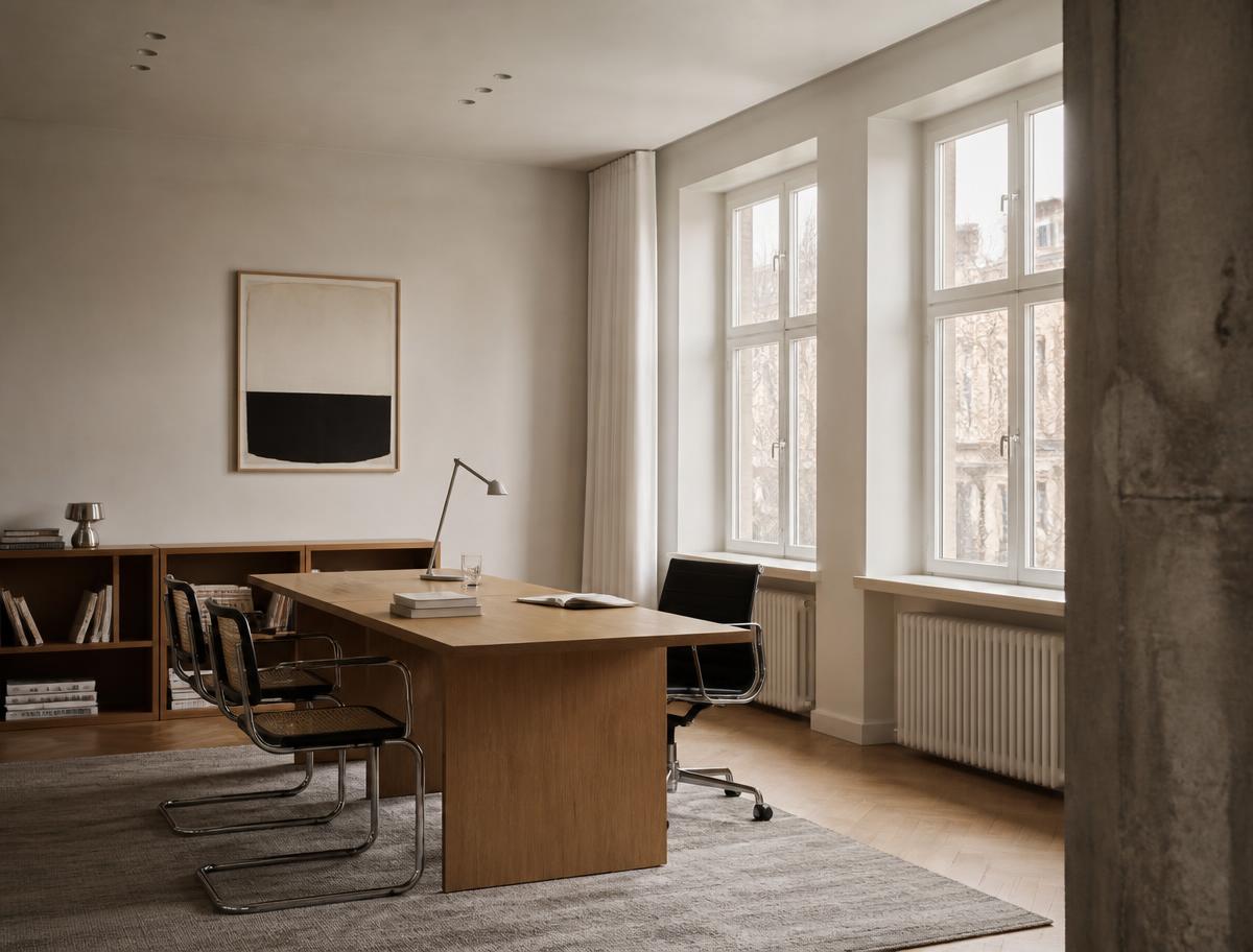 A quiet professional office with a long oak table and daylight from tall windows
